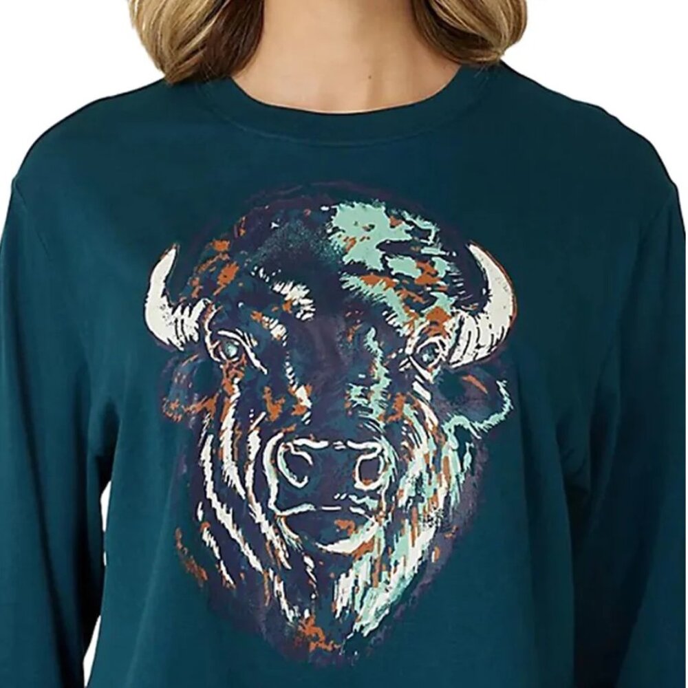 Wrangler Women's Long Sleeve Retro Relaxed Crop Buffalo T-Shirt - Dark Teal NWT!